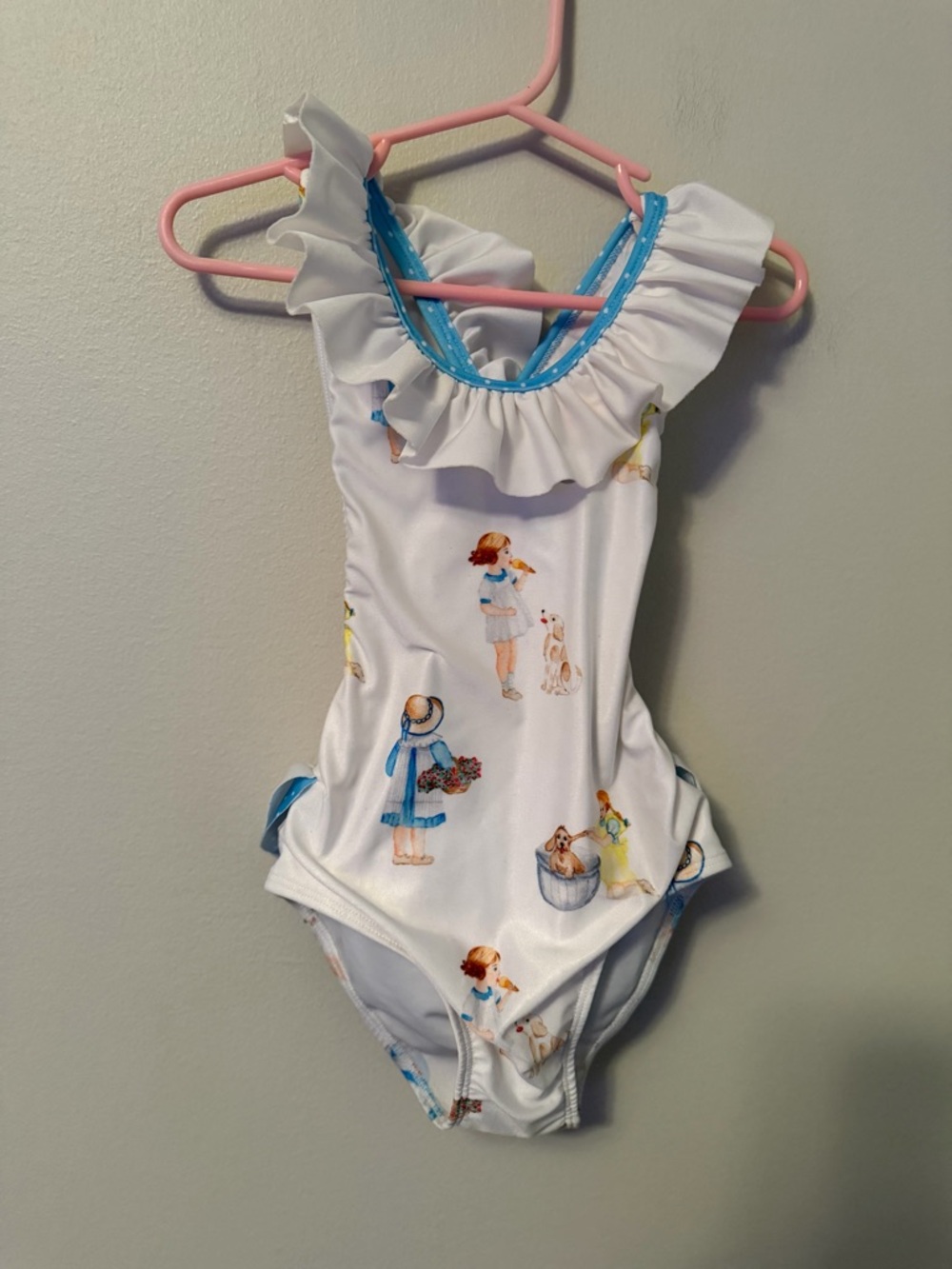Sal & Pimenta White Ruffle One-Piece Swimsuit with Playful Girl & Puppy Print